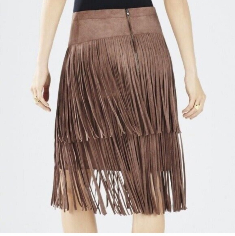 NWOT BCBGMaxAzria Brown Fringe Midi Skirt - Picture 2 of 5